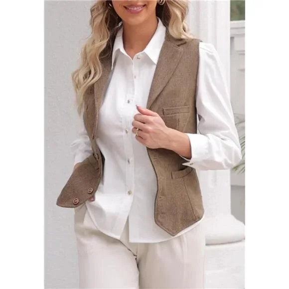 Womens Herringbone Tweed Waistcoat Lapel Sleeveless Blazers V Neck Work Office - Picture 3 of 7